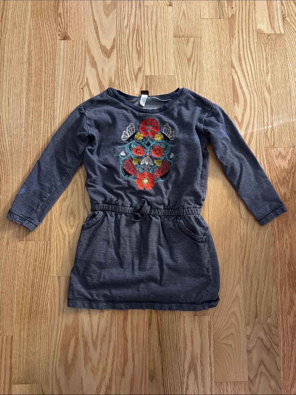 Tea Collection Denim Look Cotton with Colorful Floral Embroidery EUC Size 7